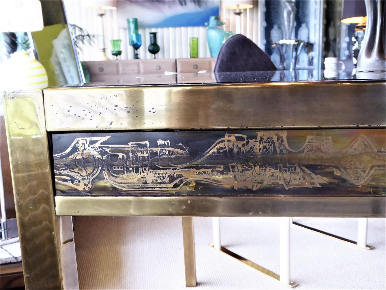 Modern Dining Table with Acid Etched Brass Panels by Bernhard Rohne Mastercraft 11