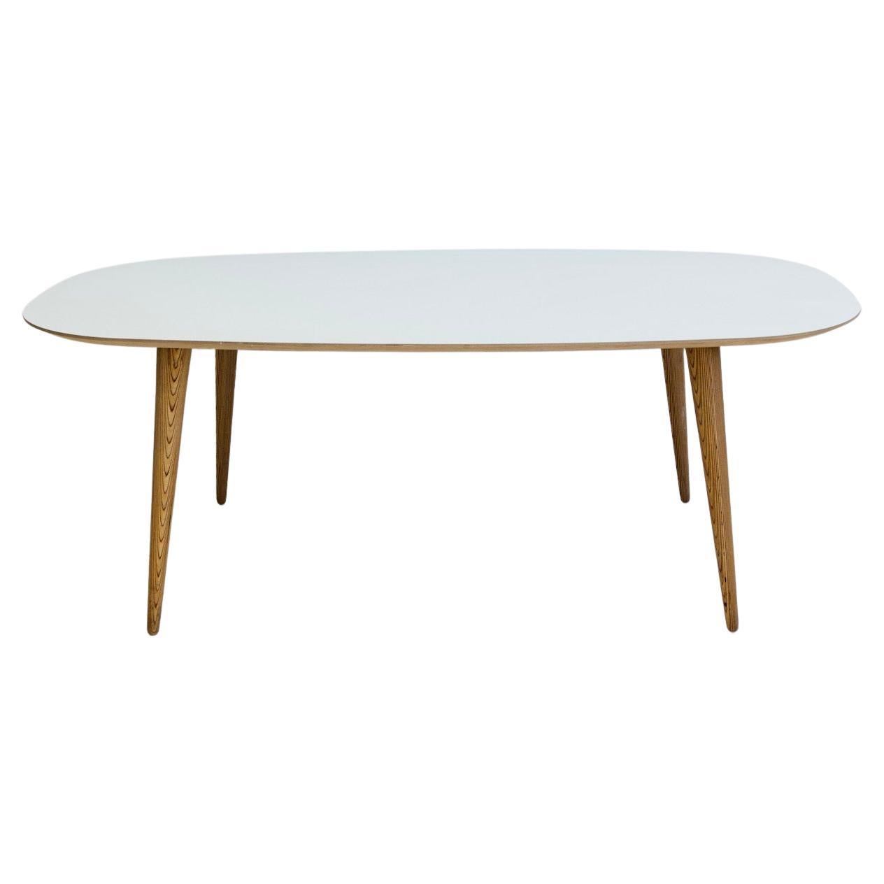Modern Dining Table with Conical Birch Legs and Light Blue Laminate Top For Sale