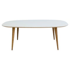 Modern Dining Table with Conical Birch Legs and Light Blue Laminate Top