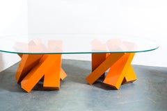 Modern Dining Table with Double Base Section in Futuristic Bright Orange