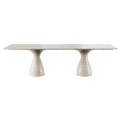 Modern Dining Table with in Travertine with Rectangular Rop & Chunky Turned Legs