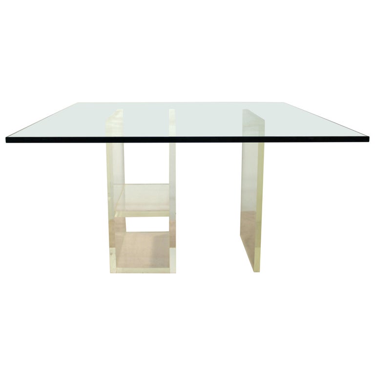 Modern Dining Table with Lucite Base and Square Glass Top For Sale at