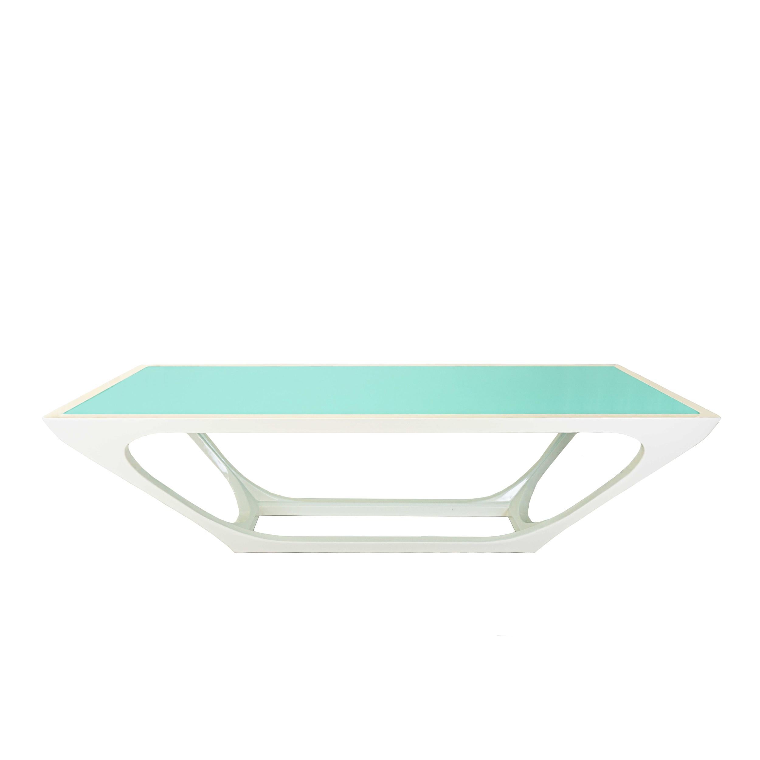 Américain Table de salle à manger moderne avec plateau en verre peint et cadre en laque blanche en vente