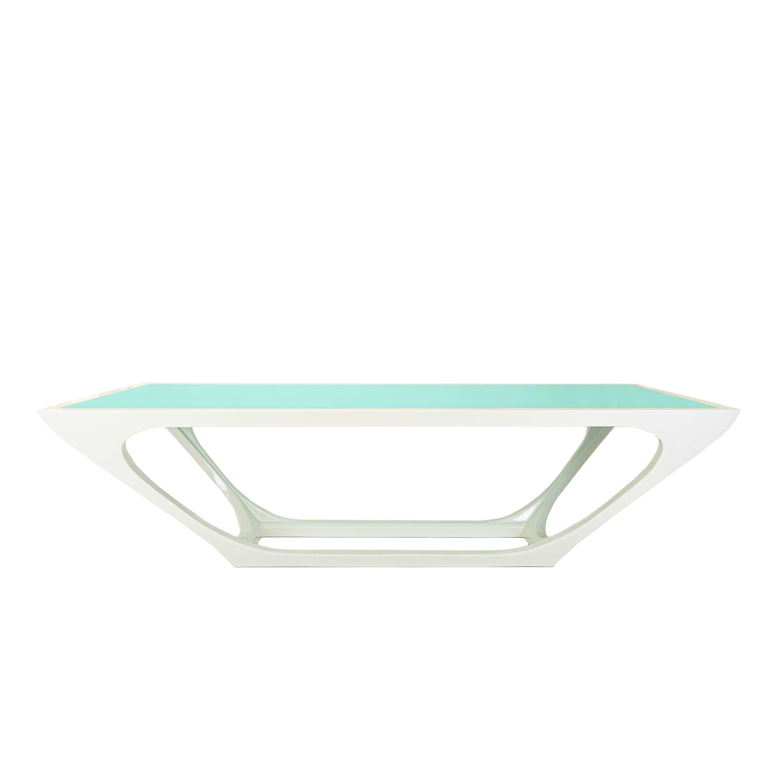 Contemporary Modern Dining Table with Painted Glass top and White Lacquer Frame For Sale