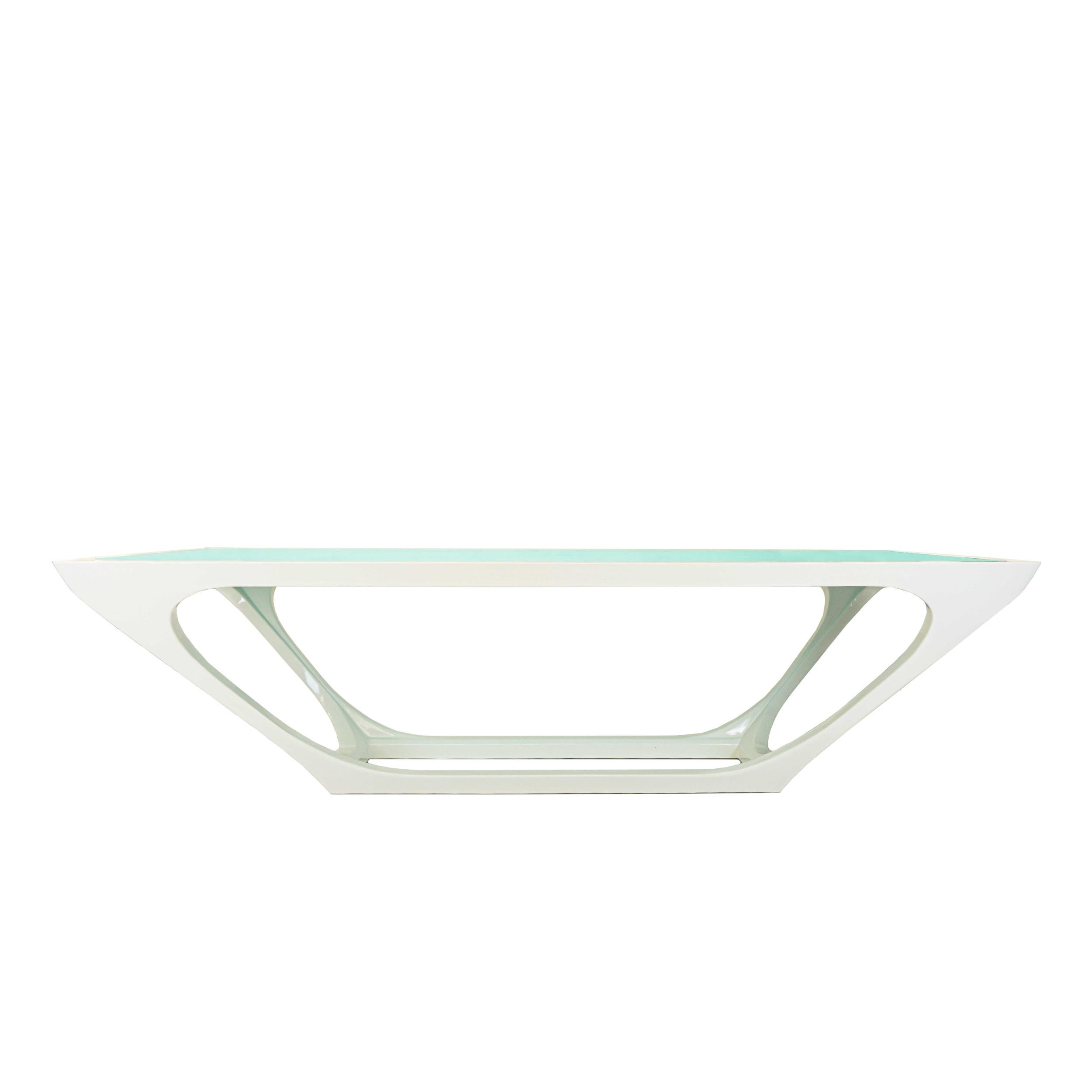 XXIe siècle et contemporain Table de salle à manger moderne avec plateau en verre peint et cadre en laque blanche en vente