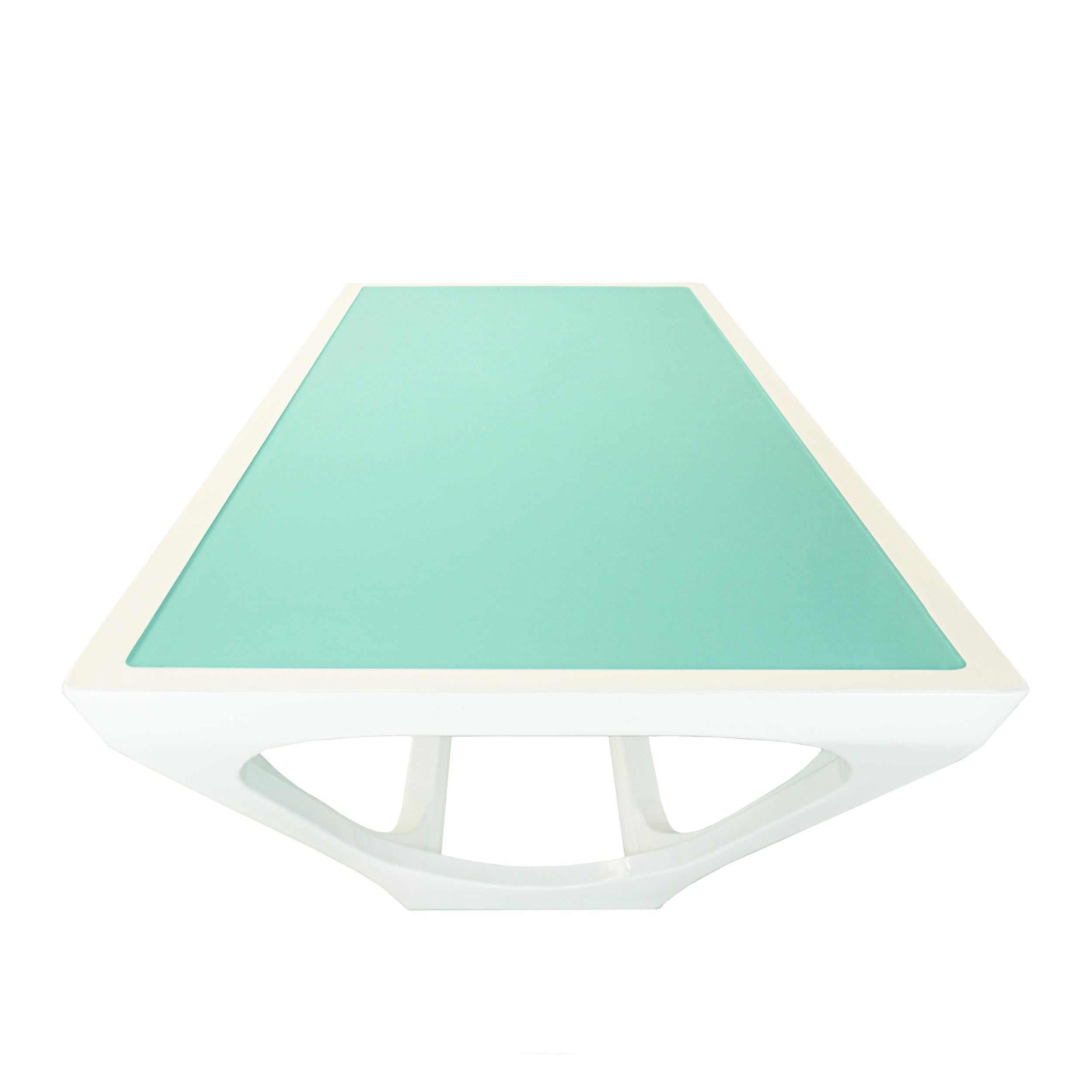 Modern Dining Table with Painted Glass top and White Lacquer Frame For Sale 3