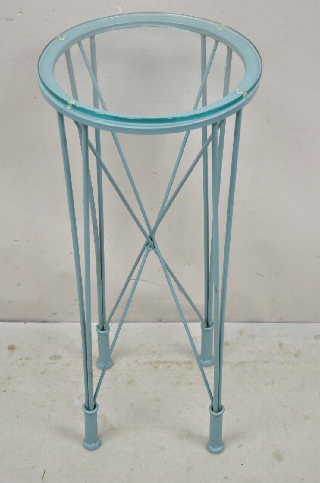 Modern Directoire Style Blue Skyscraper Glass Top Pedestal Stand Side Table For Sale 4