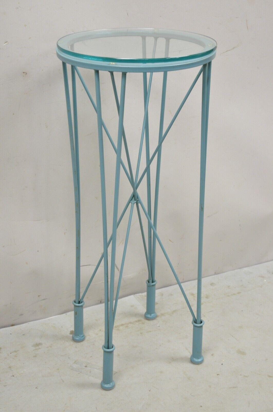 Modern Directoire Style Blue Skyscraper Glass Top Pedestal Plant Stand Side Table. Item features wrought iron construction, glass top, clean modernist lines, great style and form. Circa Late 20th Century
Measurements: 32.5