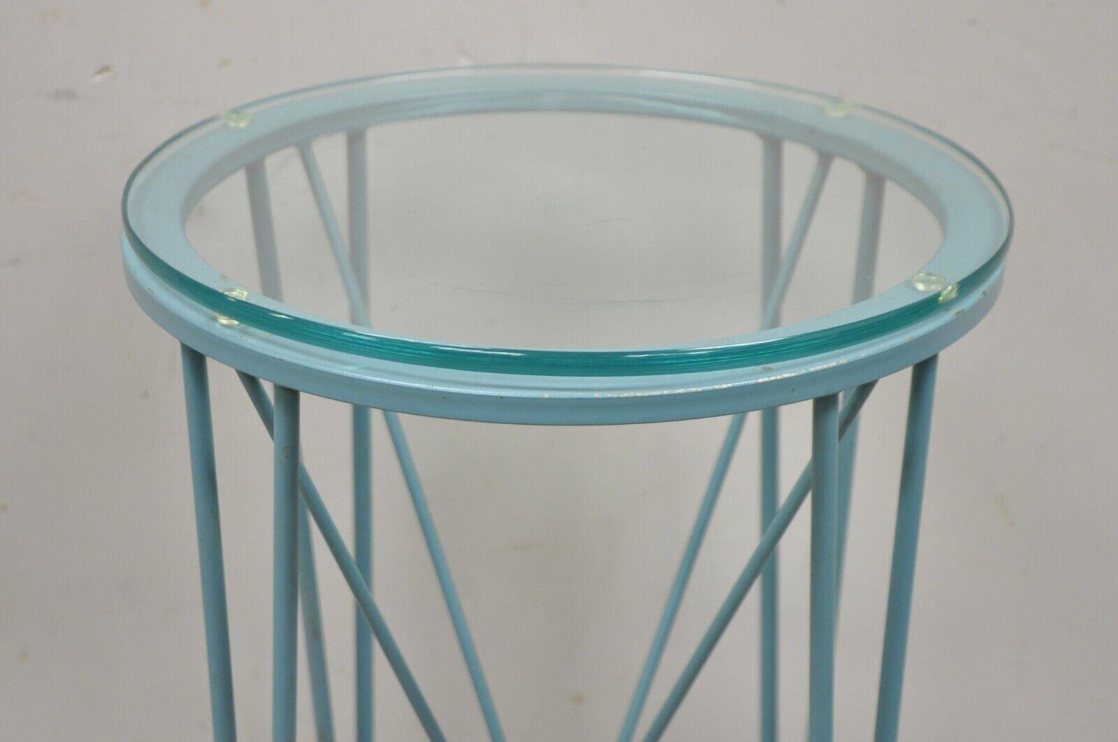 Modern Directoire Style Blue Skyscraper Glass Top Pedestal Stand Side Table For Sale 2