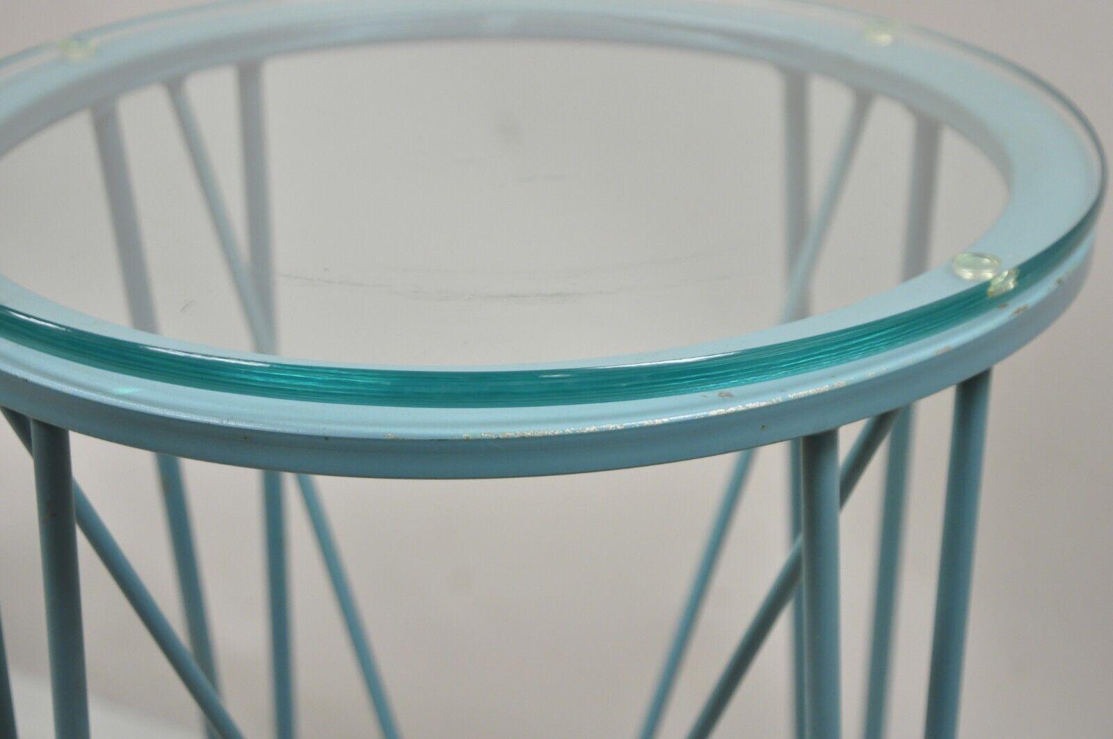 Modern Directoire Style Blue Skyscraper Glass Top Pedestal Stand Side Table For Sale 3
