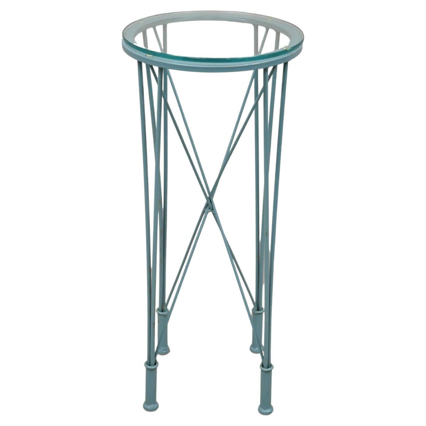 Modern Directoire Style Blue Skyscraper Glass Top Pedestal Stand Side Table For Sale