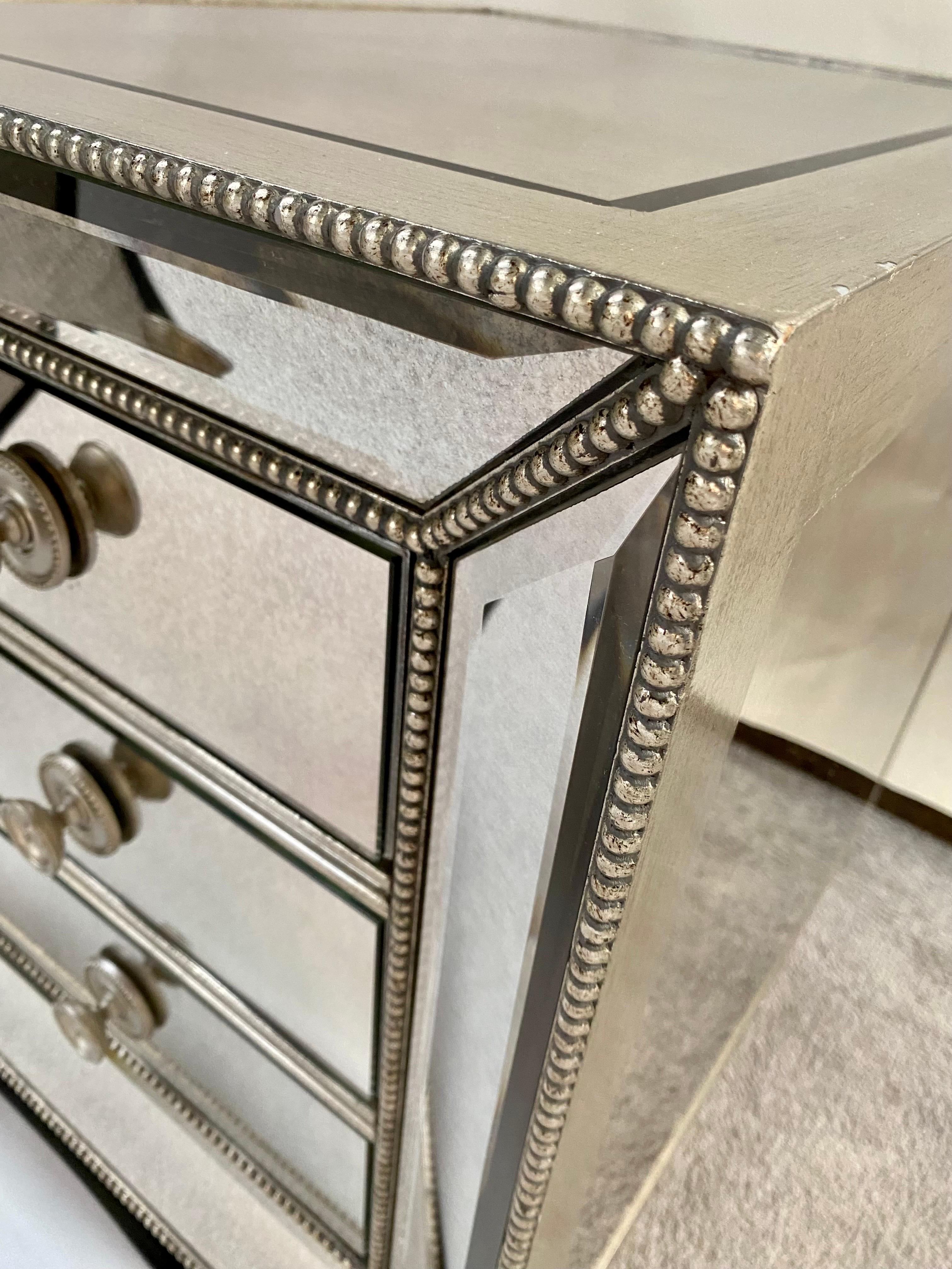 Modern Directoire Style Mirrored Studded 3-Drawer Nightstand, a Pair  For Sale 5
