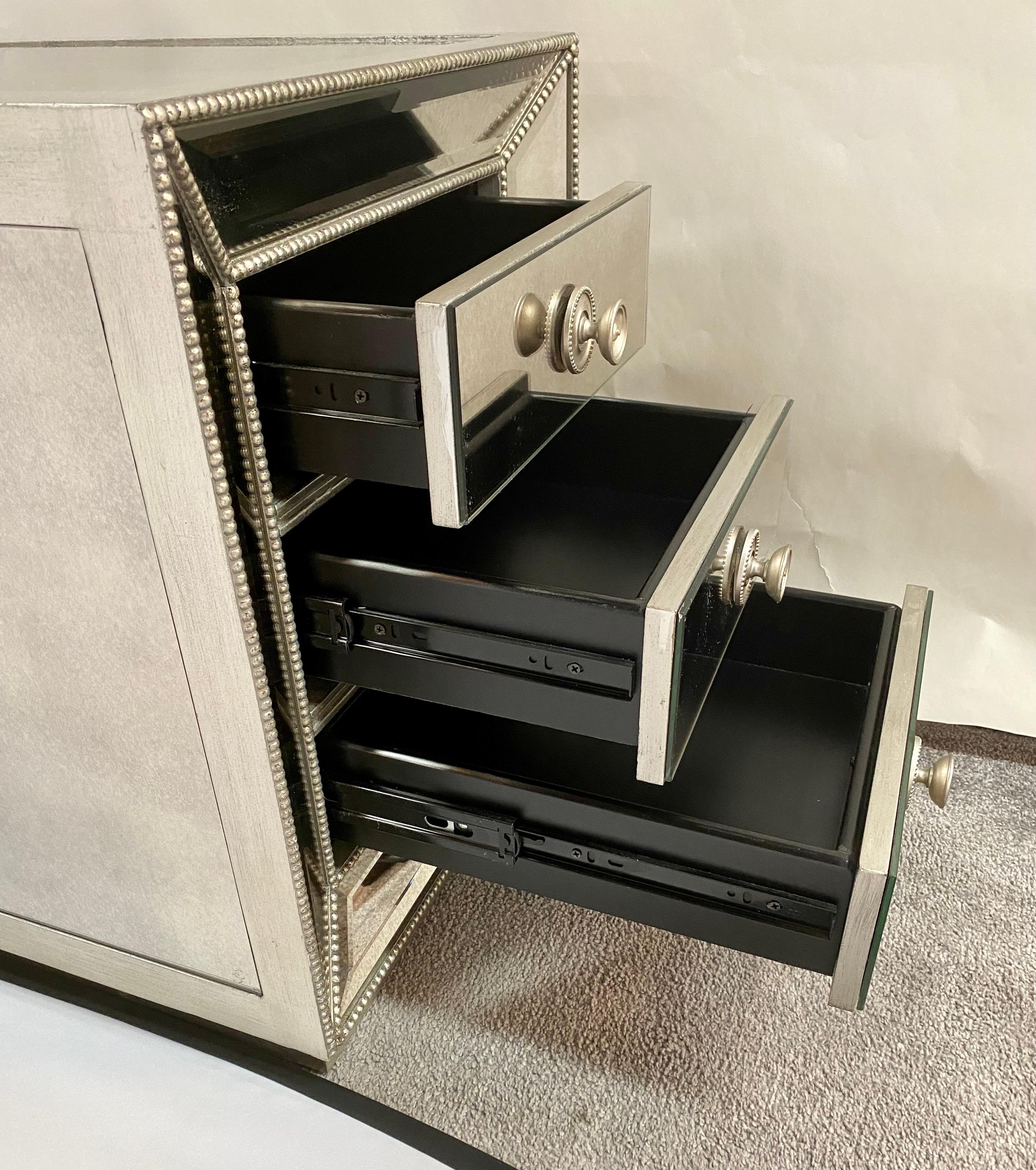 Modern Directoire Style Mirrored Studded 3-Drawer Nightstand, a Pair  For Sale 9