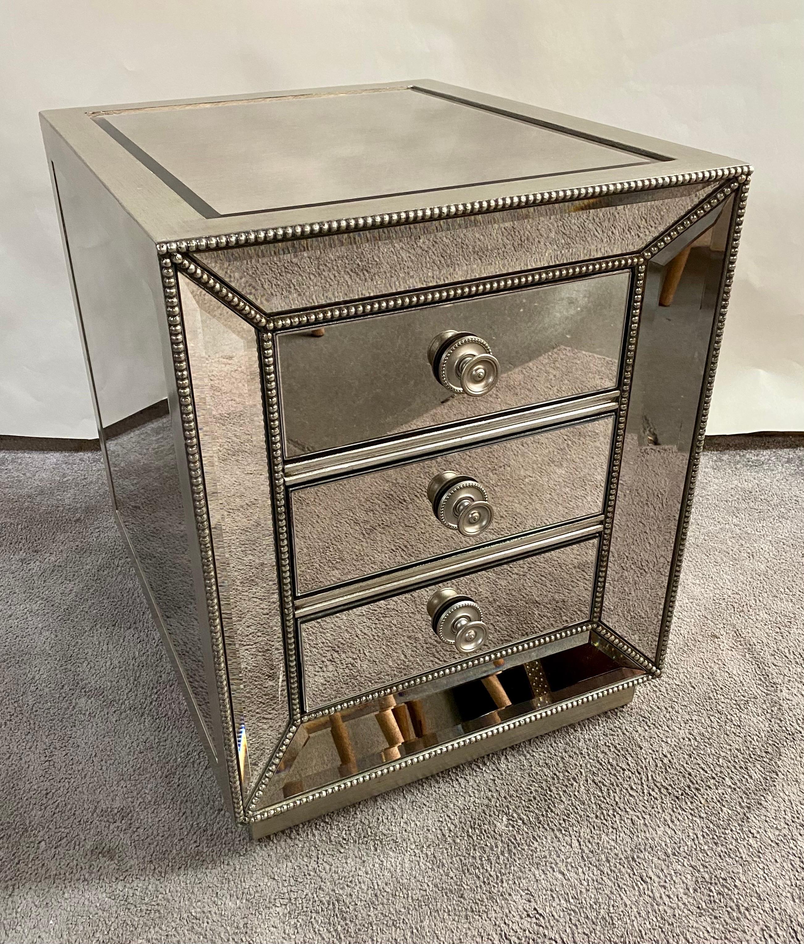 Modern Directoire Style Mirrored Studded 3-Drawer Nightstand, a Pair  For Sale 11