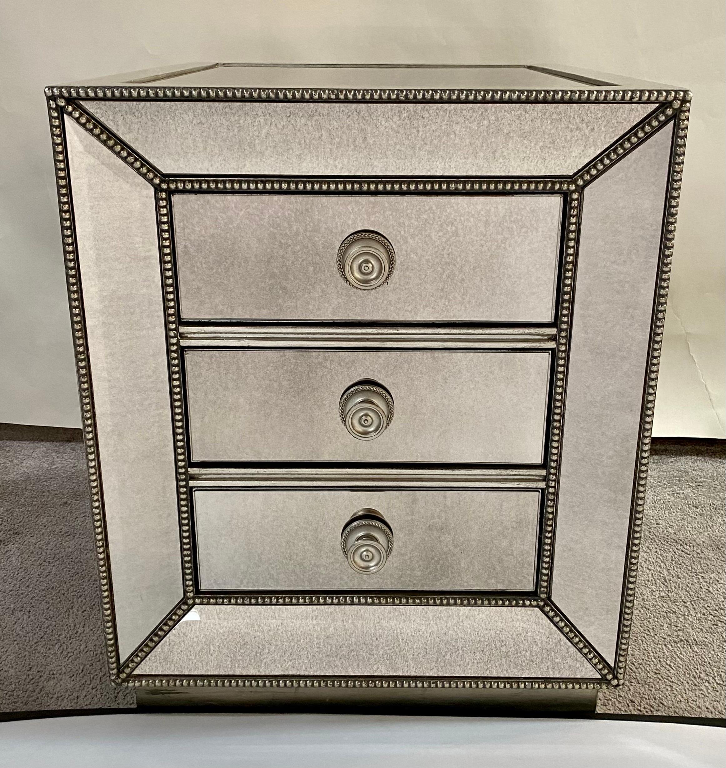 Modern Directoire Style Mirrored Studded 3-Drawer Nightstand, a Pair  In Good Condition For Sale In Plainview, NY