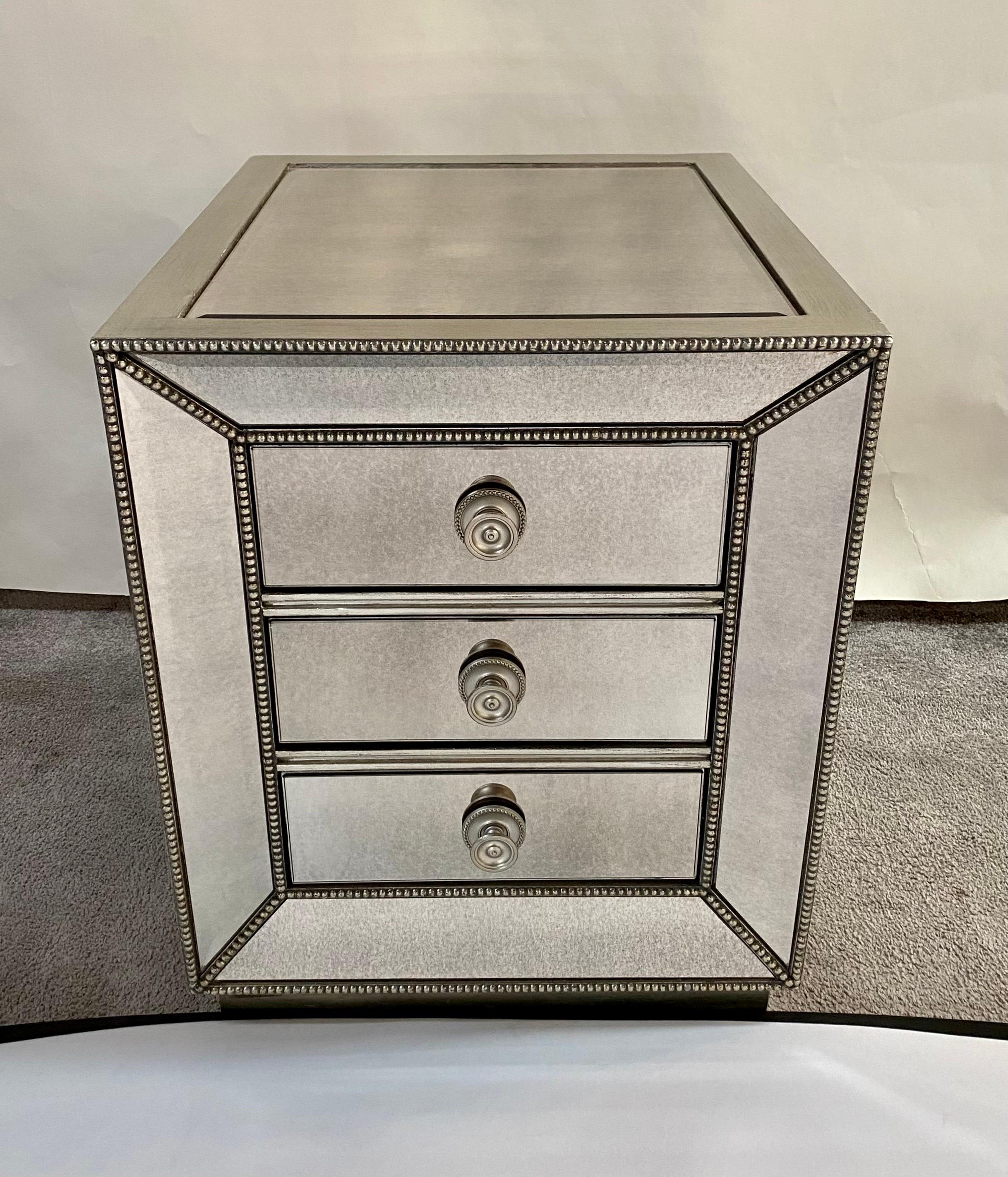 20th Century Modern Directoire Style Mirrored Studded 3-Drawer Nightstand, a Pair  For Sale