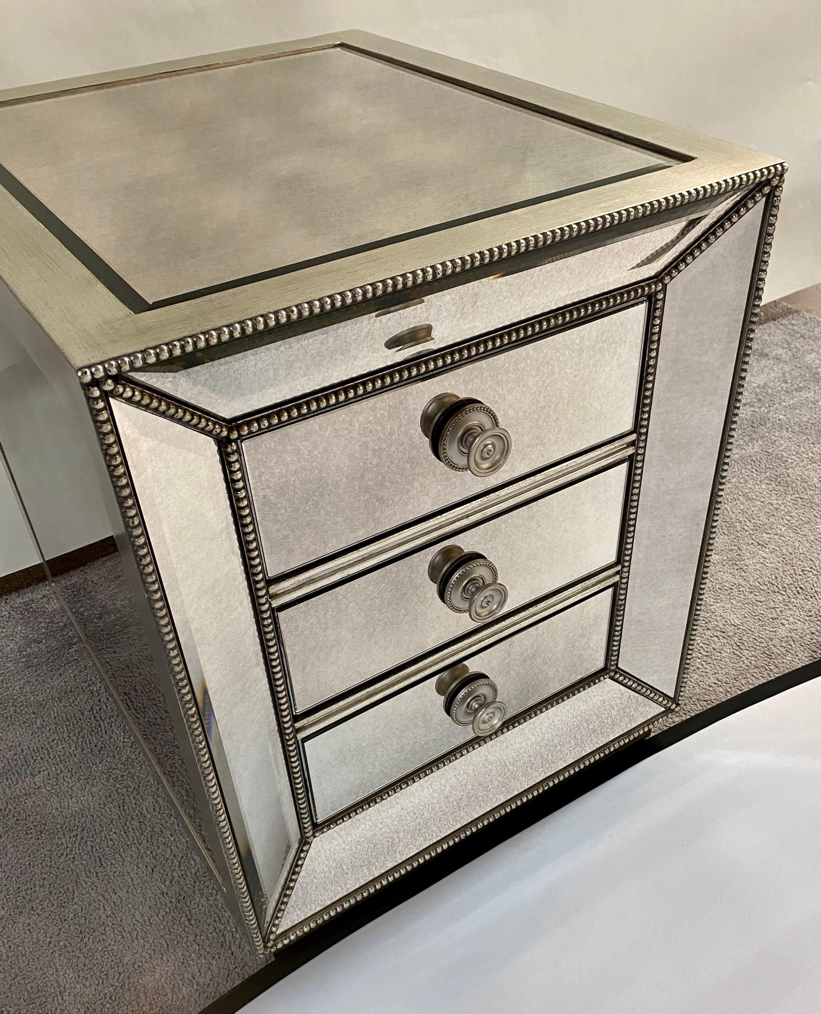 Modern Directoire Style Mirrored Studded 3-Drawer Nightstand, a Pair  For Sale 1