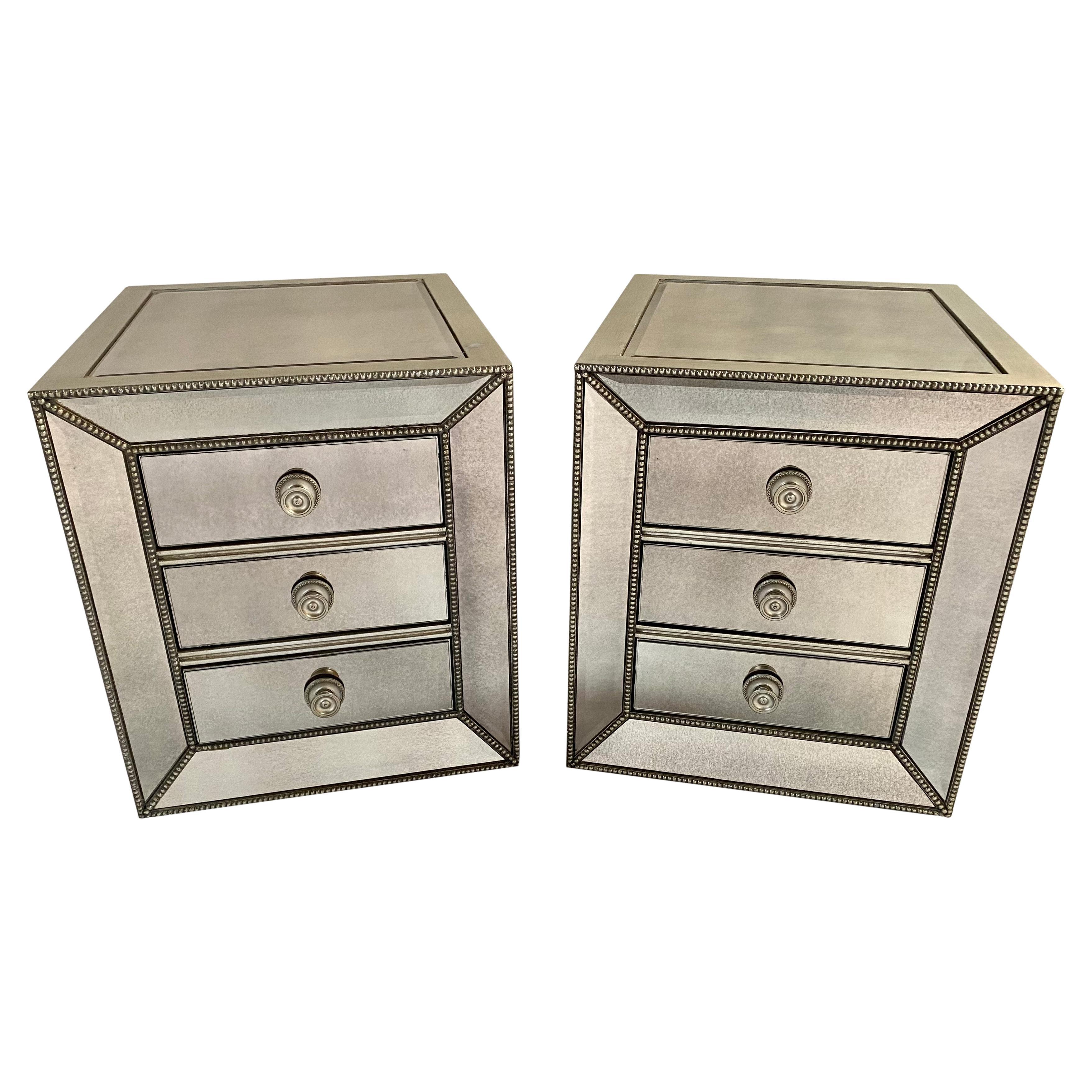 Modern Directoire Style Mirrored Studded 3-Drawer Nightstand, a Pair  For Sale