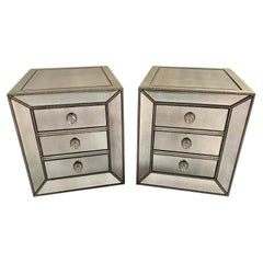 Vintage Modern Directoire Style Mirrored Studded 3-Drawer Nightstand, a Pair 