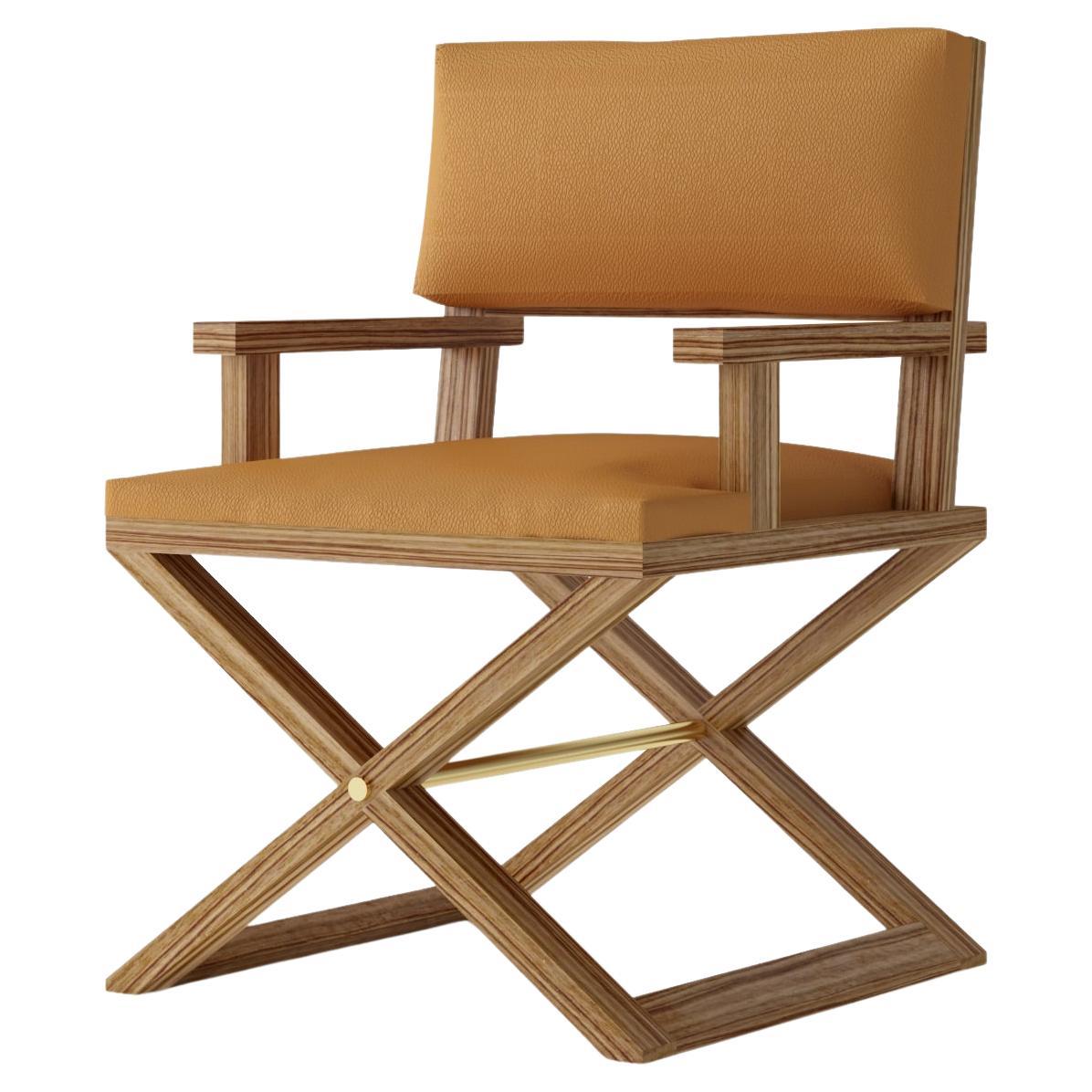 Modern Director-Style armchair with sculptural wood frame and leather upholstery