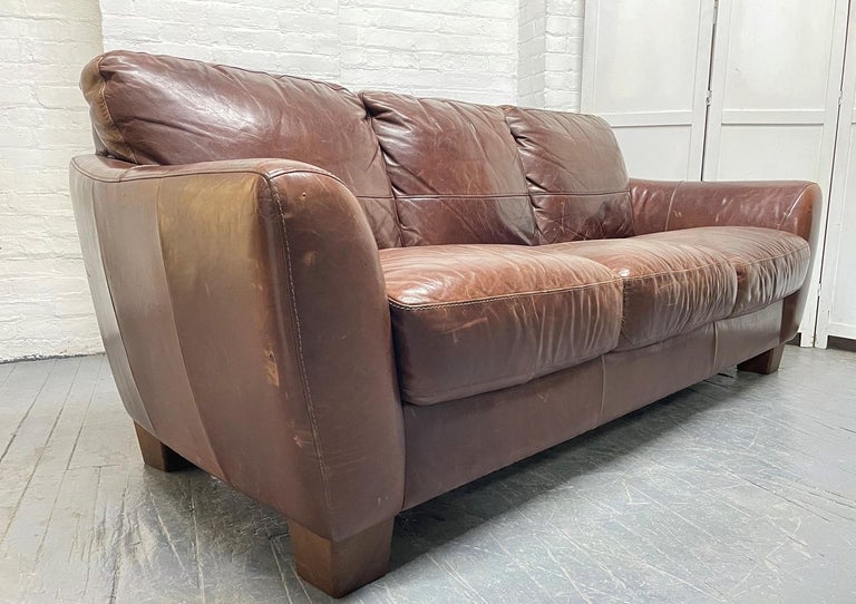 Modern Distressed Brown Leather Sofa For Sale at 1stDibs