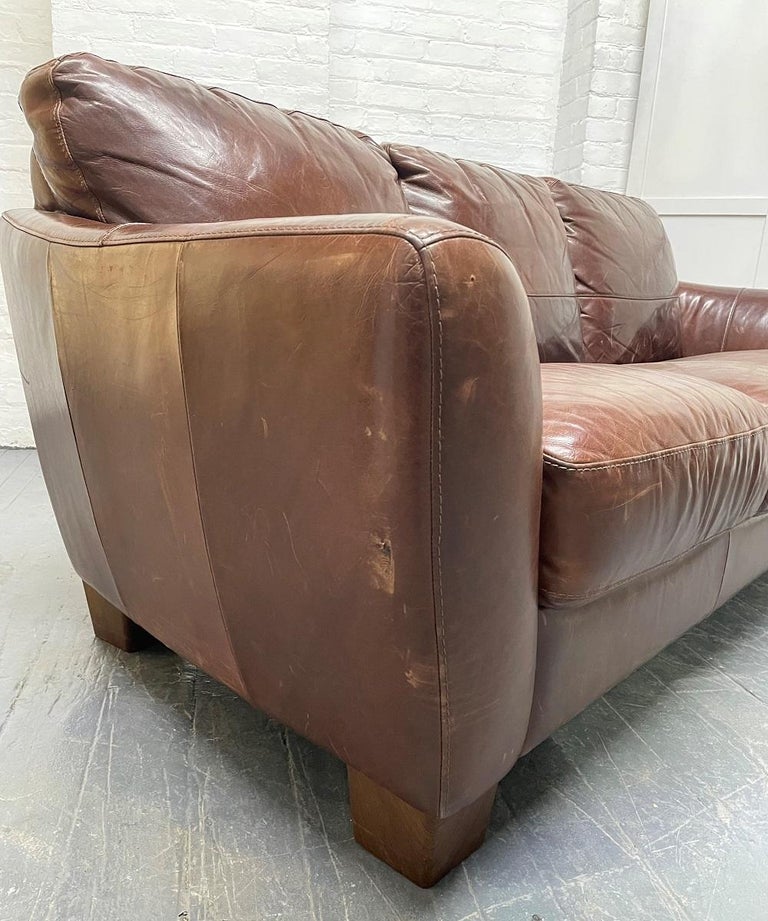 Modern Distressed Brown Leather Sofa For Sale at 1stDibs