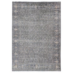 Modern Distressed Fine Weave Tabriz Design Rug in Blue and Taupe