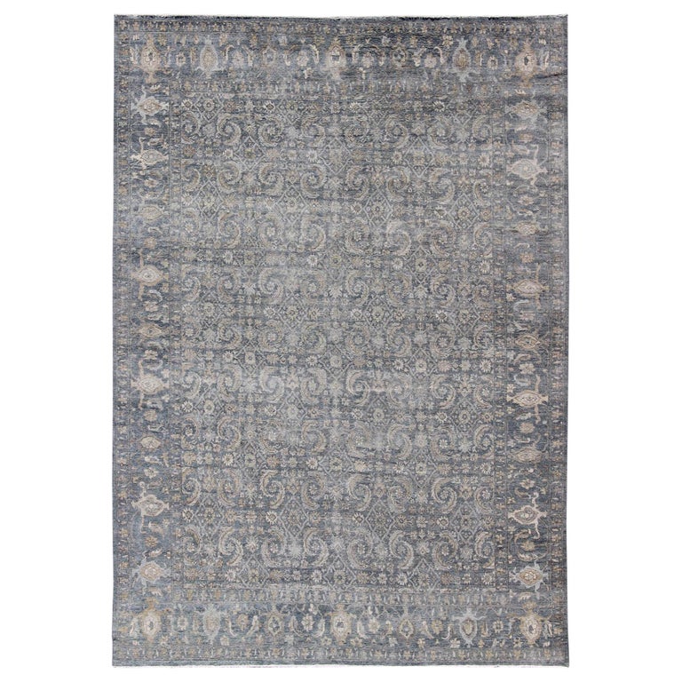 Modern Distressed Fine Weave Tabriz Design Rug in Blue and Taupe For Sale