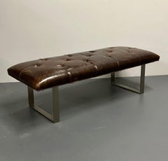 Modern Distressed Leather and Steel Window Bench, Footstool, Contemporary