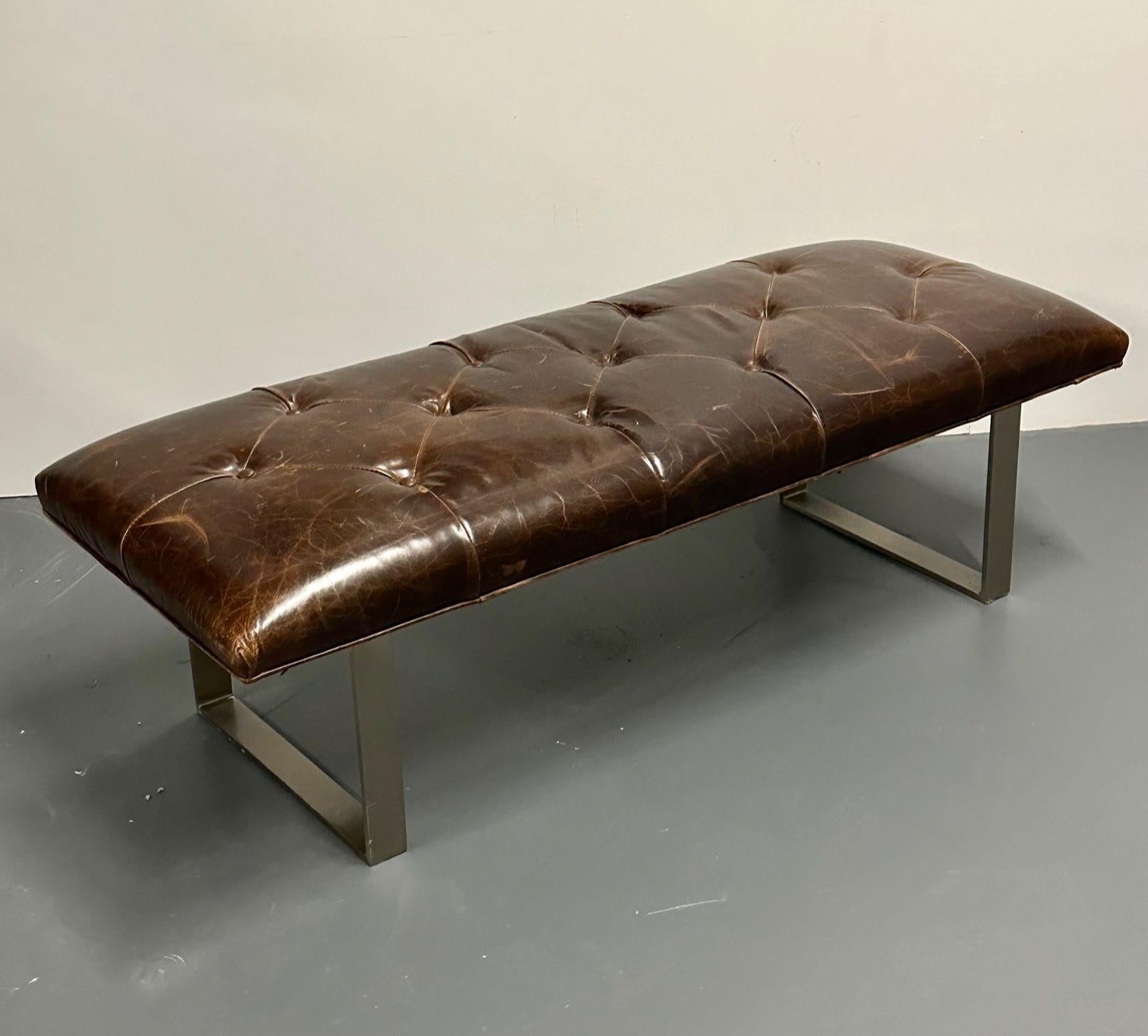 Modern Distressed Leather and Steel Window Bench, Footstool, Contemporary In Distressed Condition In Stamford, CT