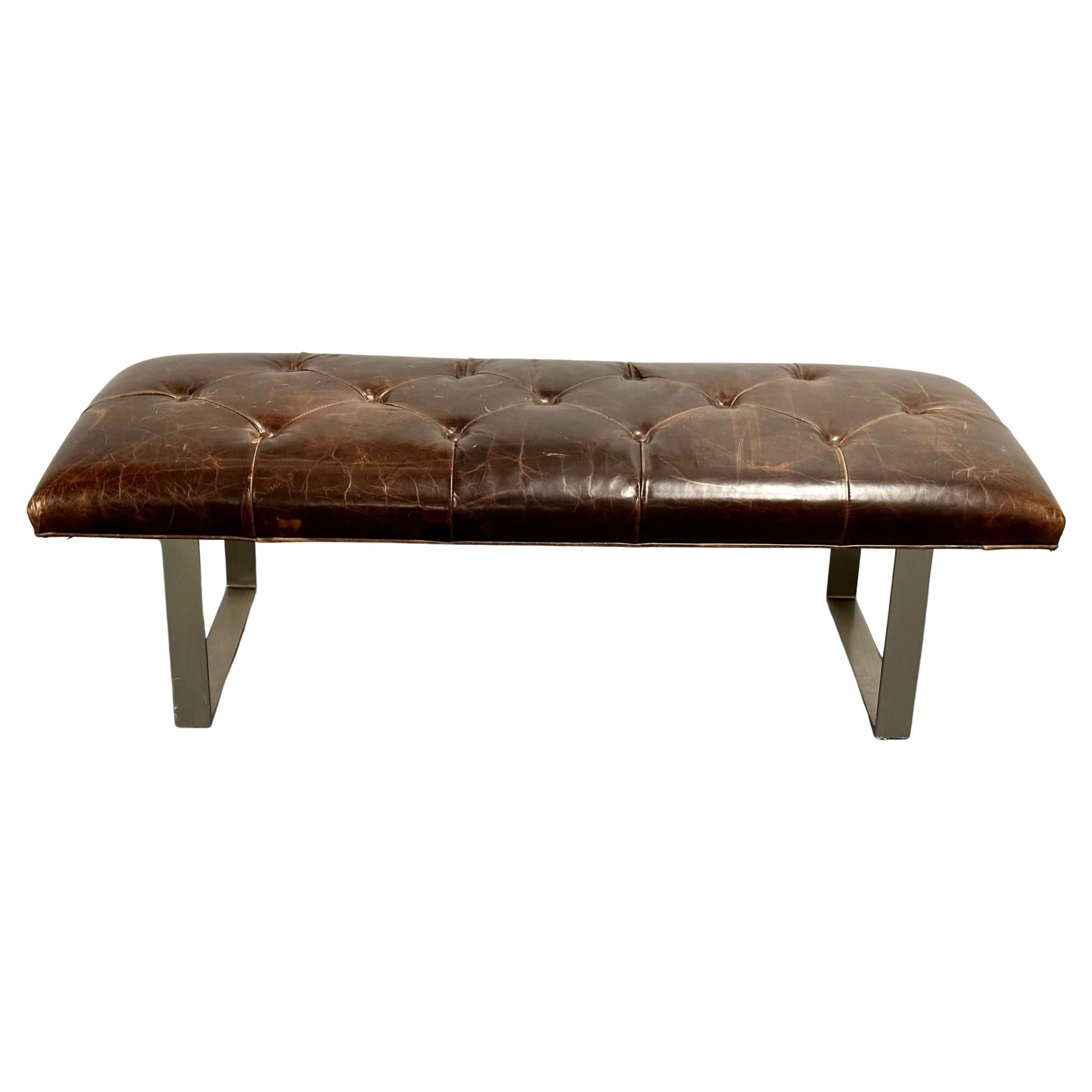 Modern Distressed Leather and Steel Window Bench, Footstool, Contemporary