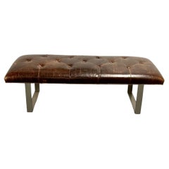 Modern Distressed Leather and Steel Window Bench, Footstool, Contemporary