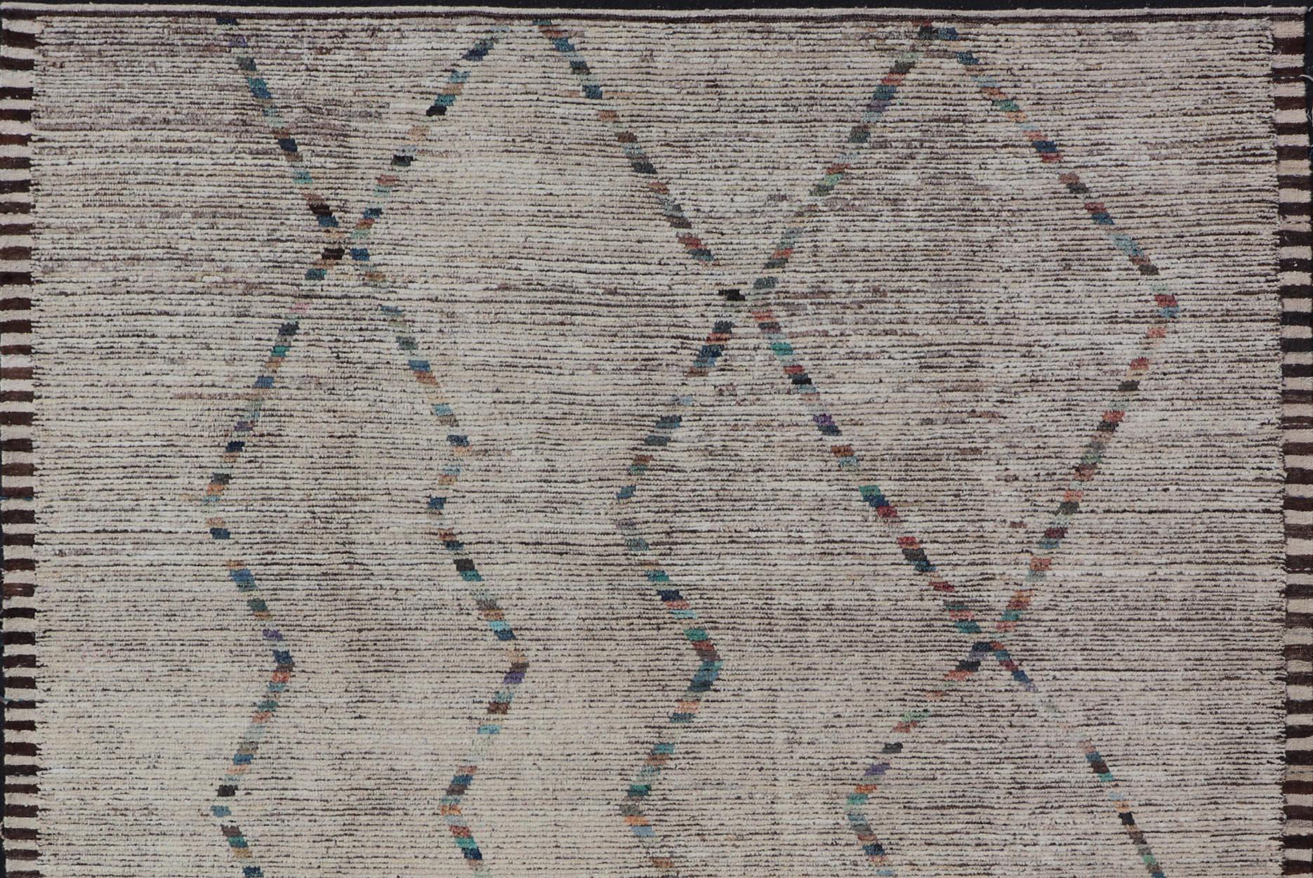 Hand-Knotted Modern Distressed Moroccan Rug in Wool with in Off White & Accent Colors  For Sale