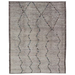 Modern Distressed Moroccan Rug in Wool with in Off White & Accent Colors
