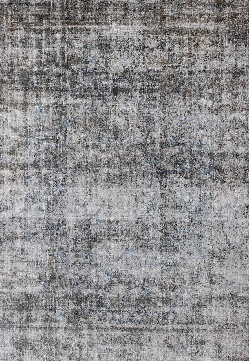 Moderner moderner persischer Teppich im Used-Stil mit Medaillonmuster in Anthrazit und Grau (Persisch) im Angebot