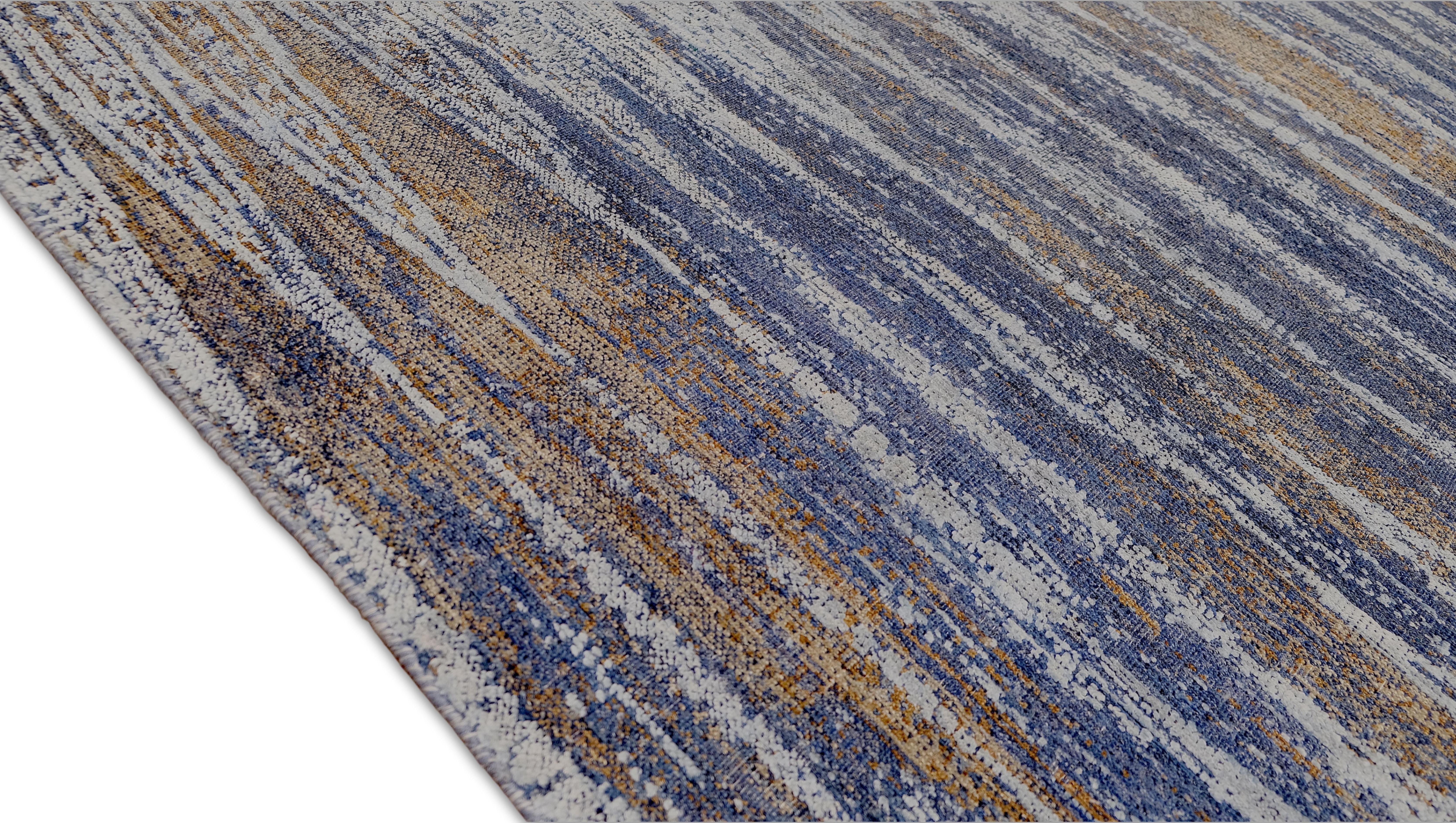 Alfombra moderna de lana/seda azul y marrón 9'x12' angustiada con borde tribal en Nuevo estado para la venta en Torrance, CA
