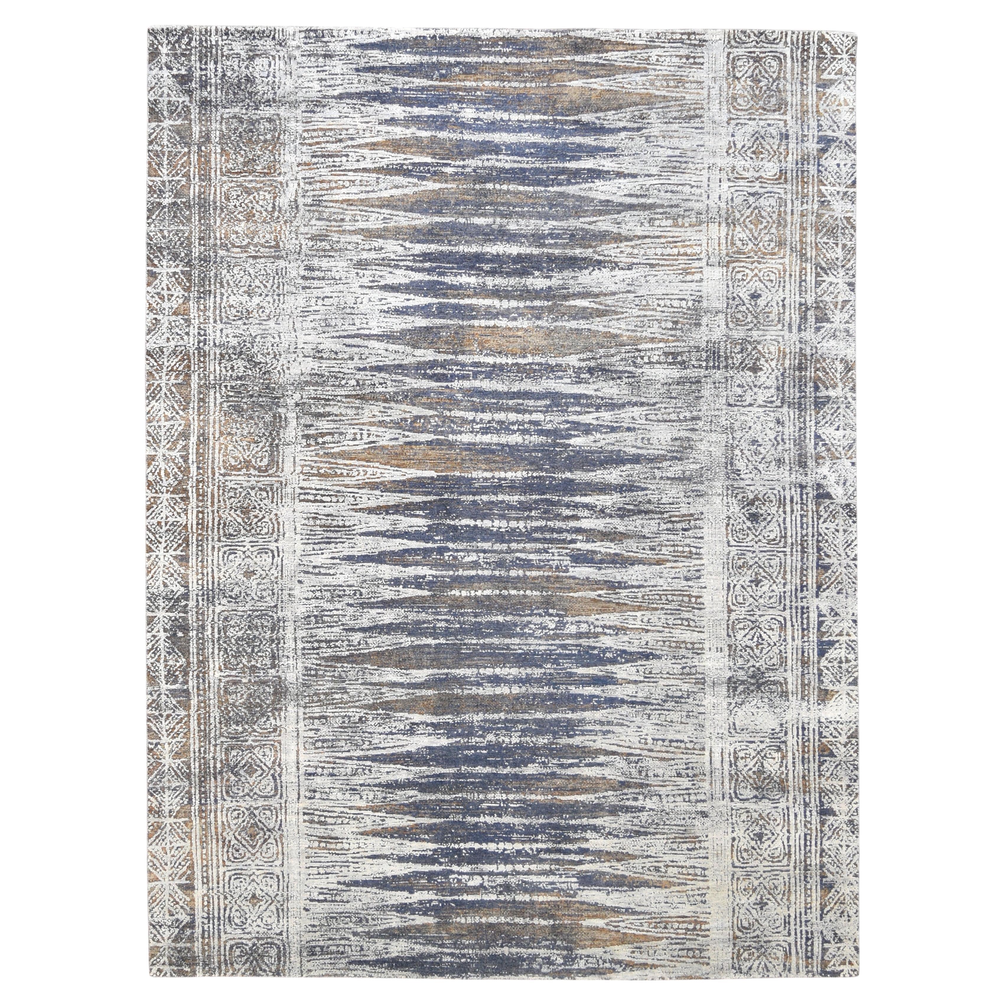 Modern Distressed with Tribal Border Blue and Brown Wool/Silk Rug 9'x12'