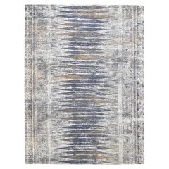 Modern Distressed with Tribal Border Blue and Brown Wool/Silk Rug 9'x12'