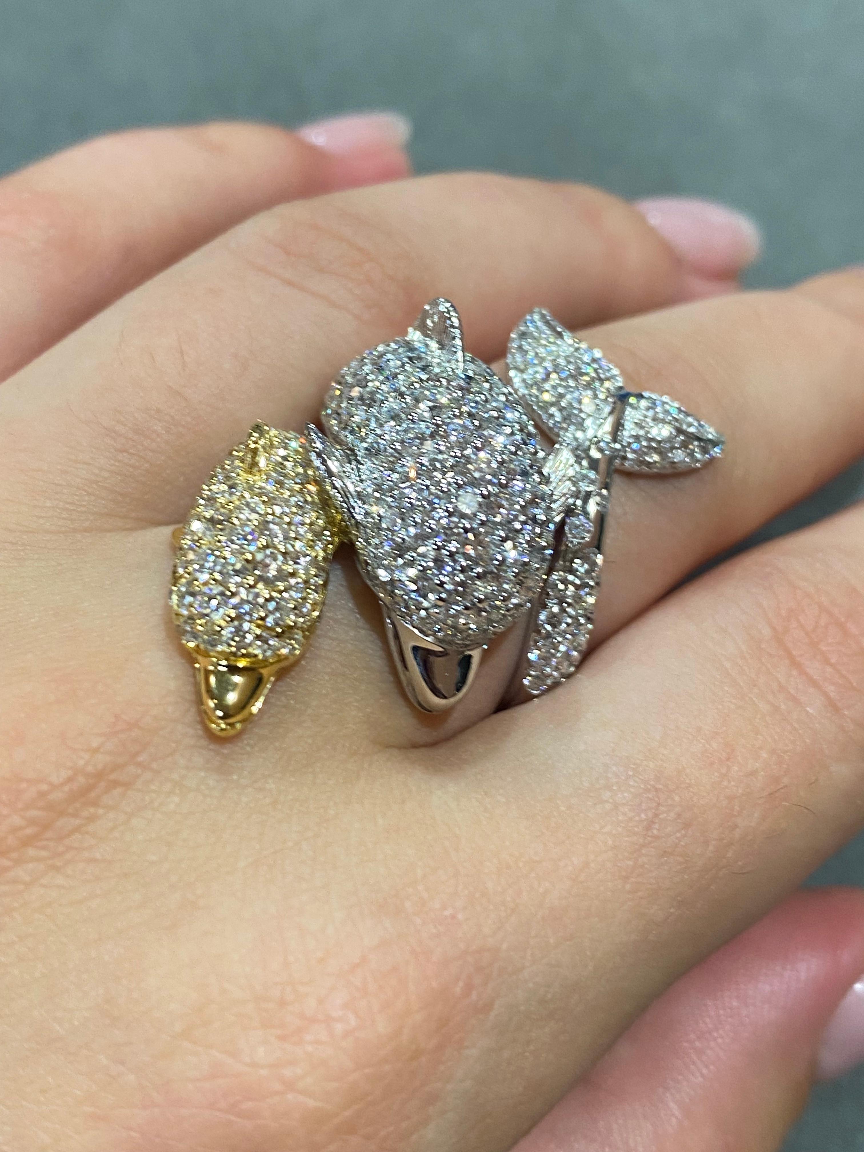 Moderner Delphin-Diamant-Wei-Gelb-Ring !8K Gold fr sie (Rundschliff) im Angebot