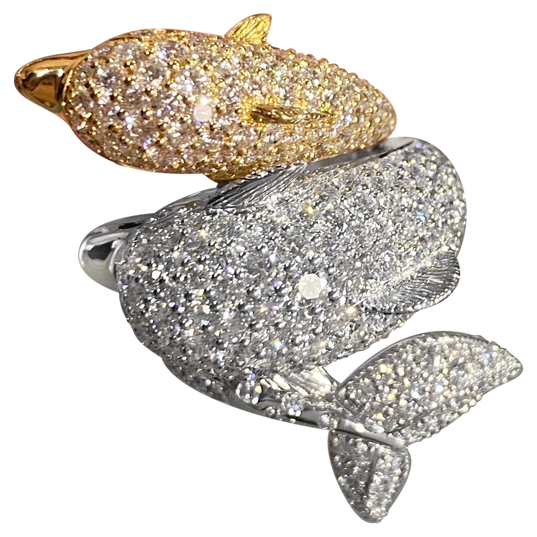 Moderner Delphin-Diamant-Wei-Gelb-Ring !8K Gold fr sie im Angebot
