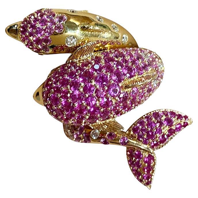 Moderner Delphin-Rosa-Saphir-Gelb-Ring aus 8K Gold für sie im Angebot