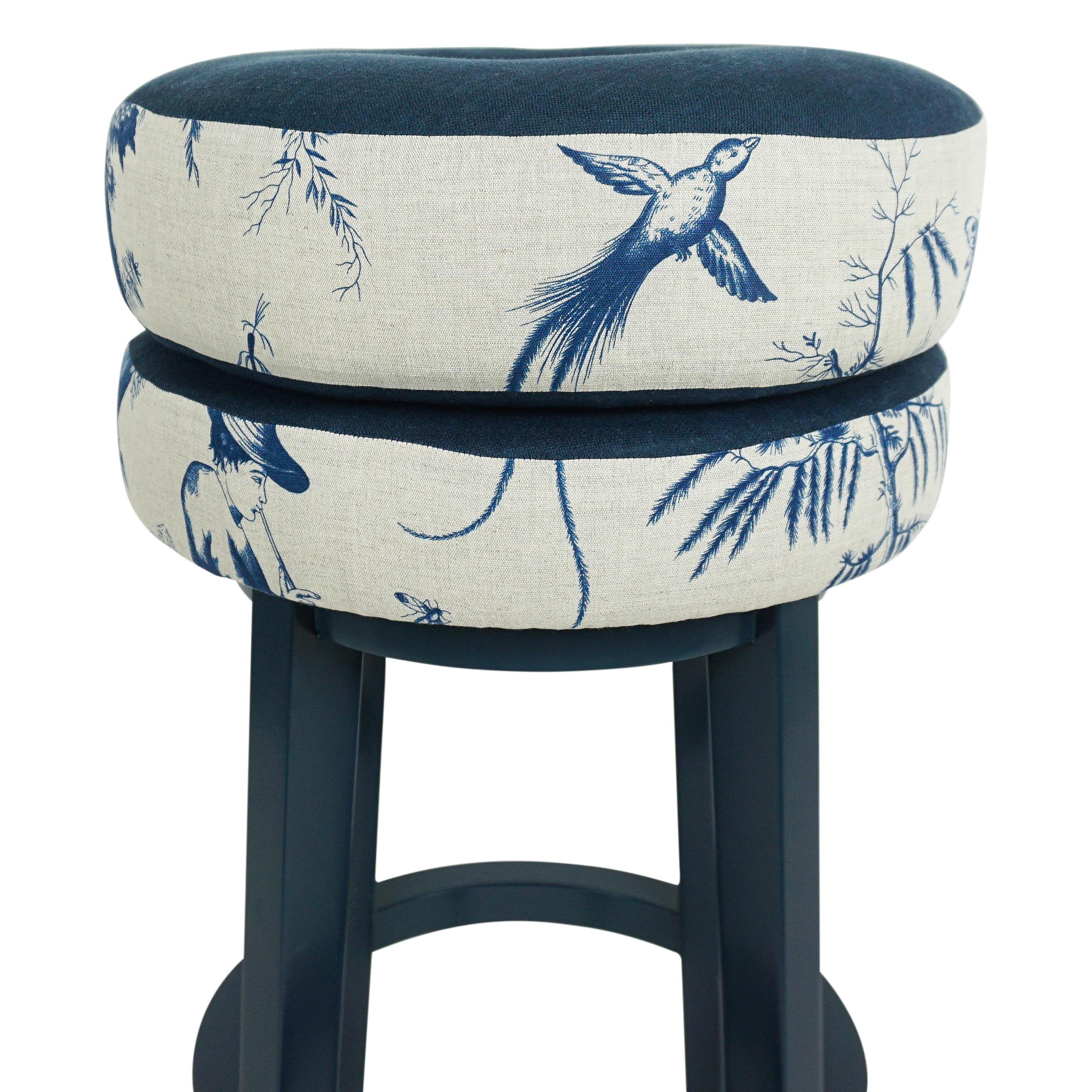 Hand-Painted Modern Donut Shaped Bar Stool with Japanese Inspired Shengyou Toile For Sale