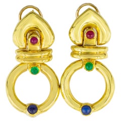 Vintage Modern "Door Knocker" 14k Yellow Gold Earrings with Ruby, Sapphire and Emeralds