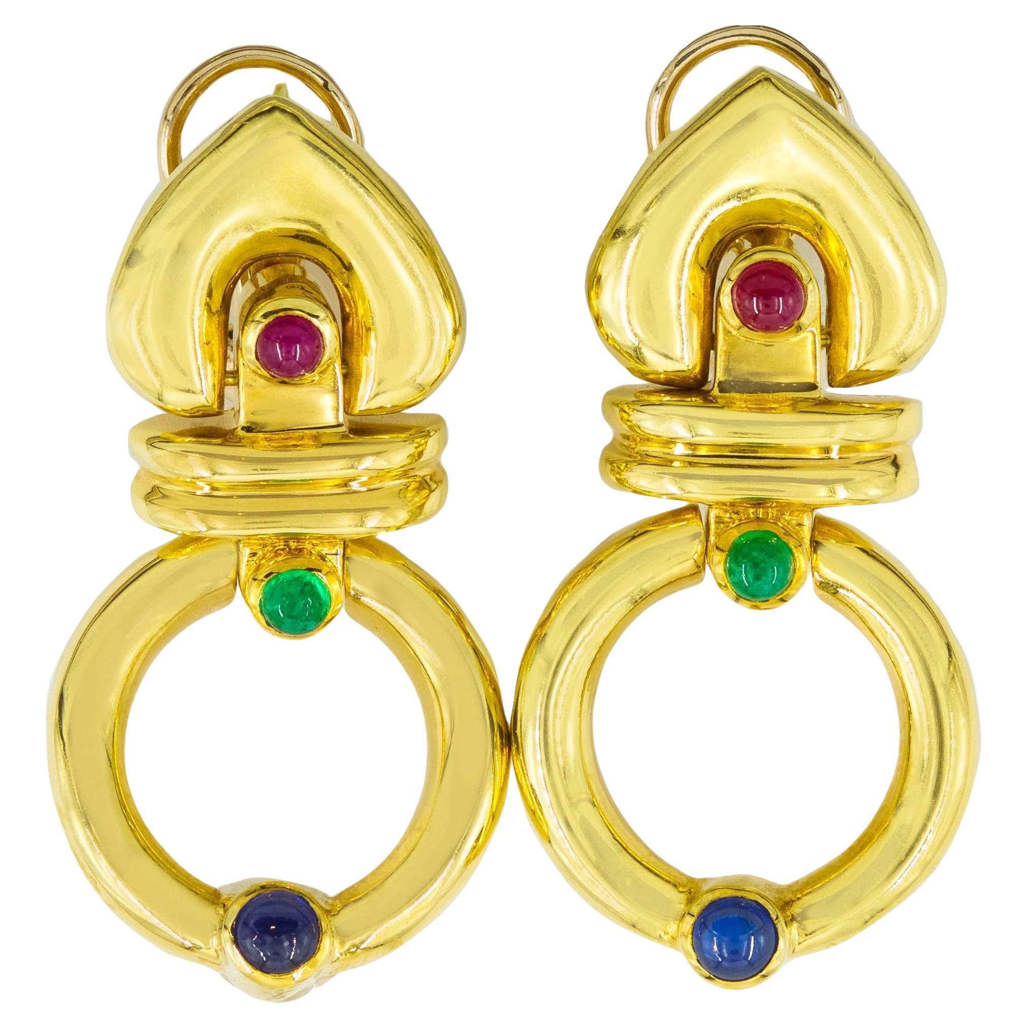 Modern "Door Knocker" 14k Yellow Gold Earrings with Ruby, Sapphire and Emeralds