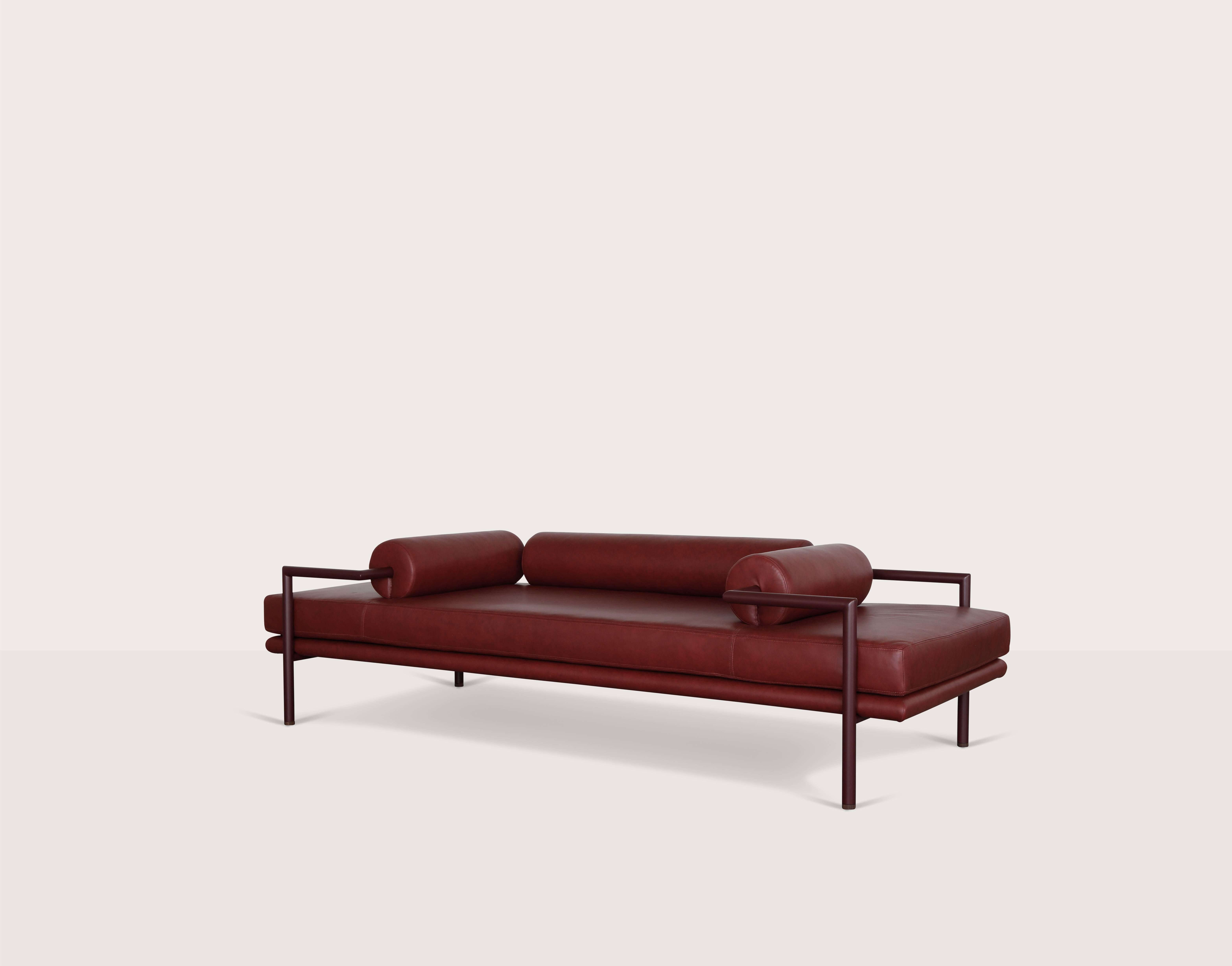 Inspired by the architecture of Luis Barragán, the Dorcia is a unique piece that focuses on form and function. The bolsters serve as head rests, armrests or low backrests that divide the daybed into central seating for two and individual seating on