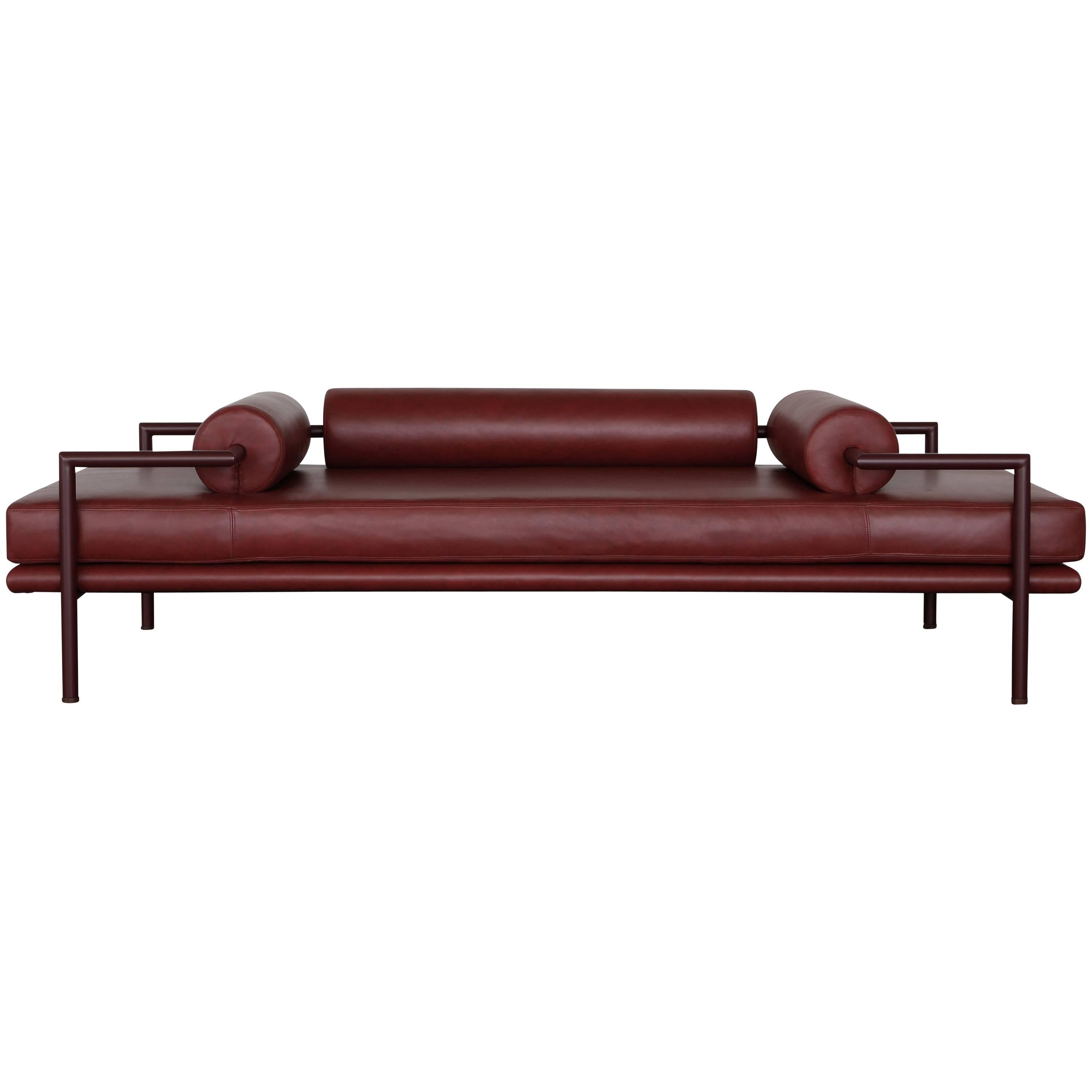 Modern Dorcia Daybed in Monochrome Burgundy Leather and Steel Frame by Luteca