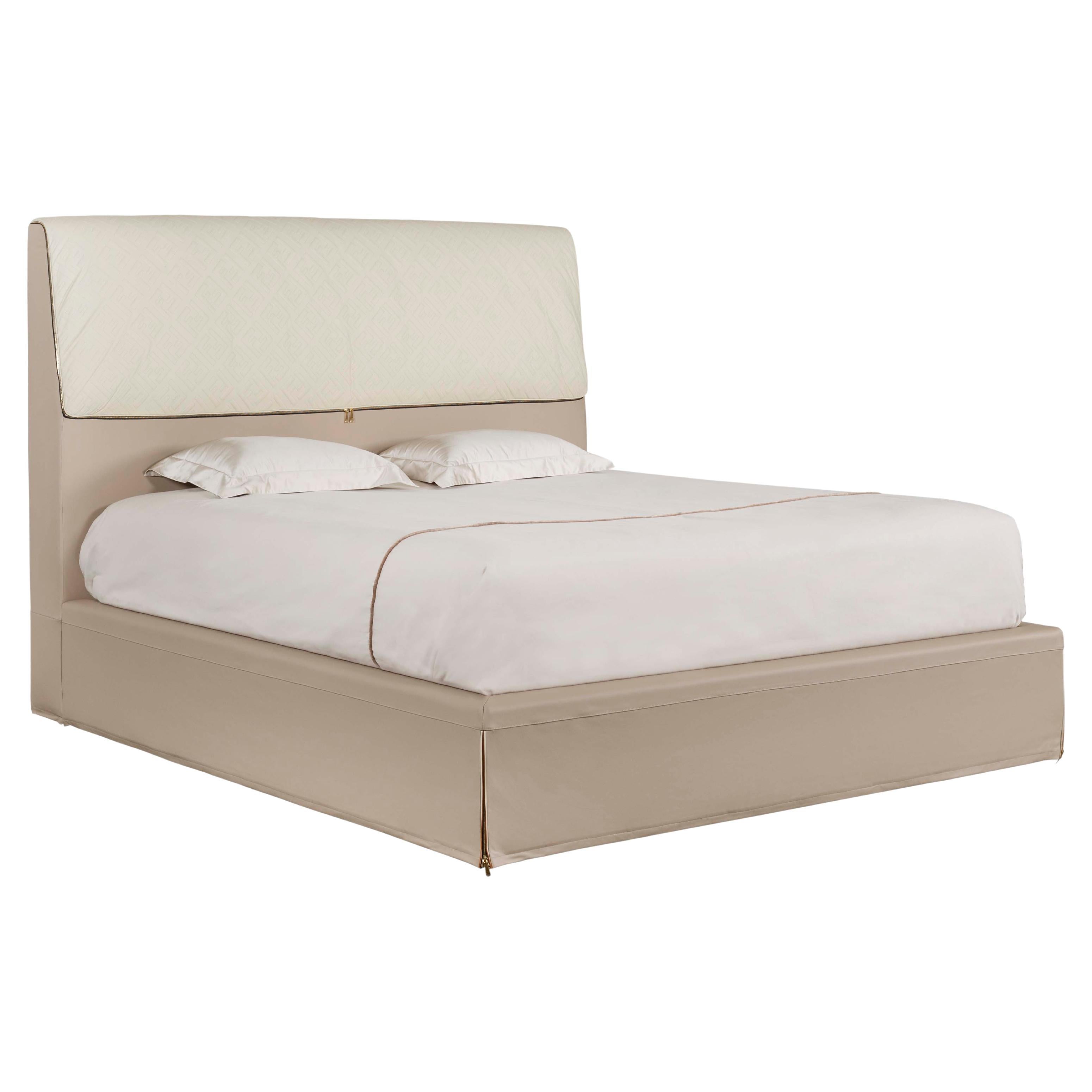 Modern Dorian Bed Cream Leather Handmade in Italy by Fendi For Sale