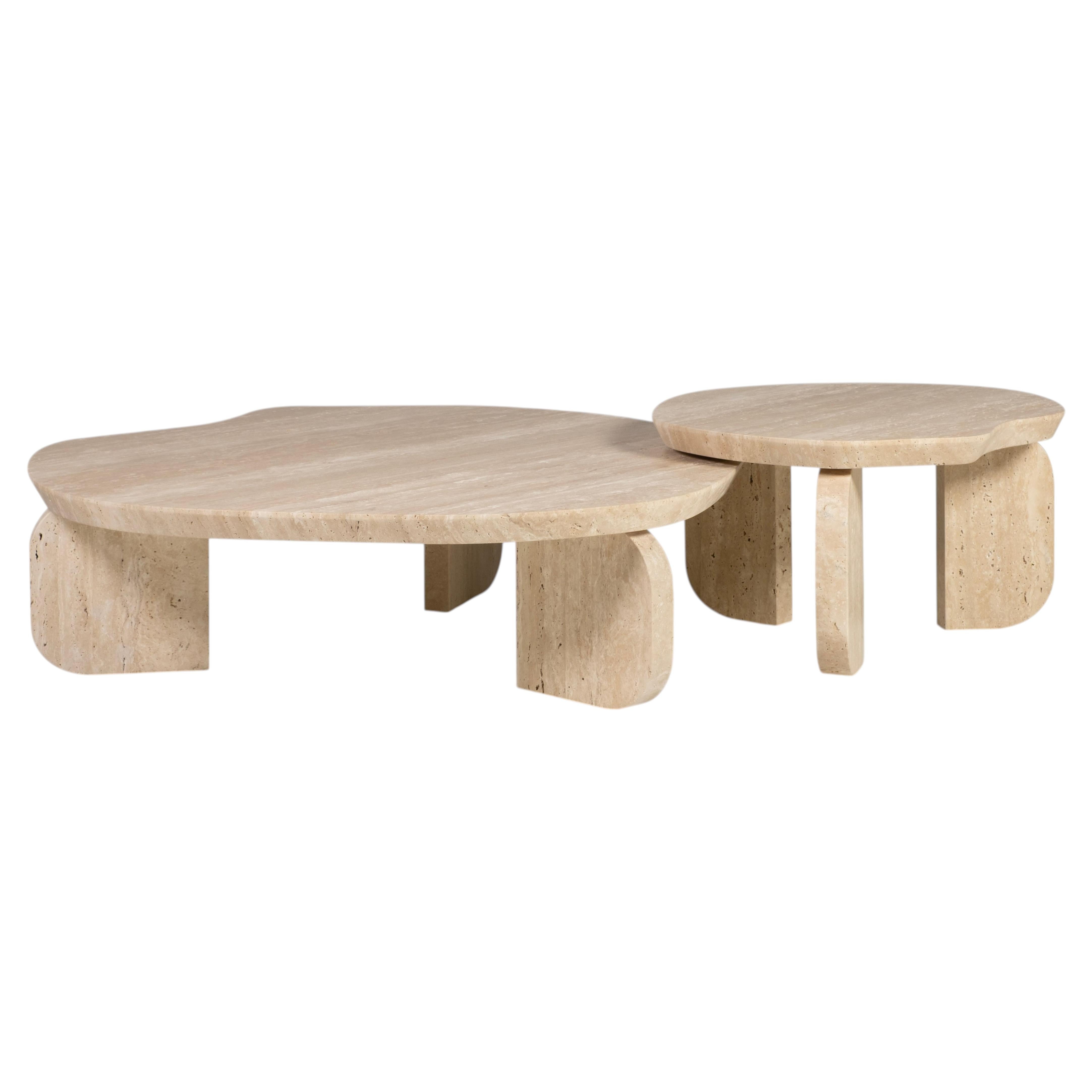 Modern Dornes Travertine Coffee Table Set of 2, Handmade by Greenapple