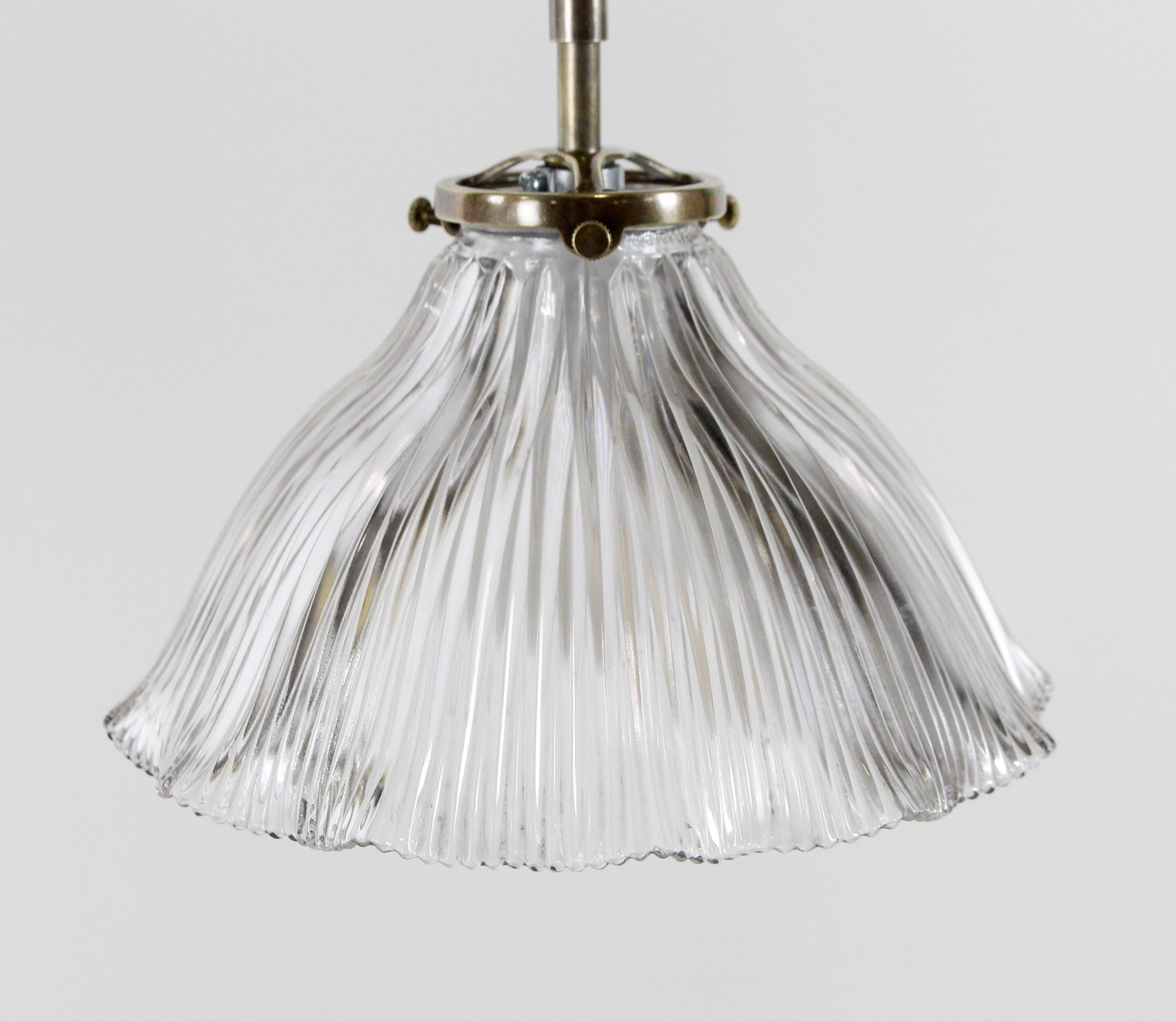 North American Modern Double Brass Prism Holophane Ruffled Shade Pendant Light
