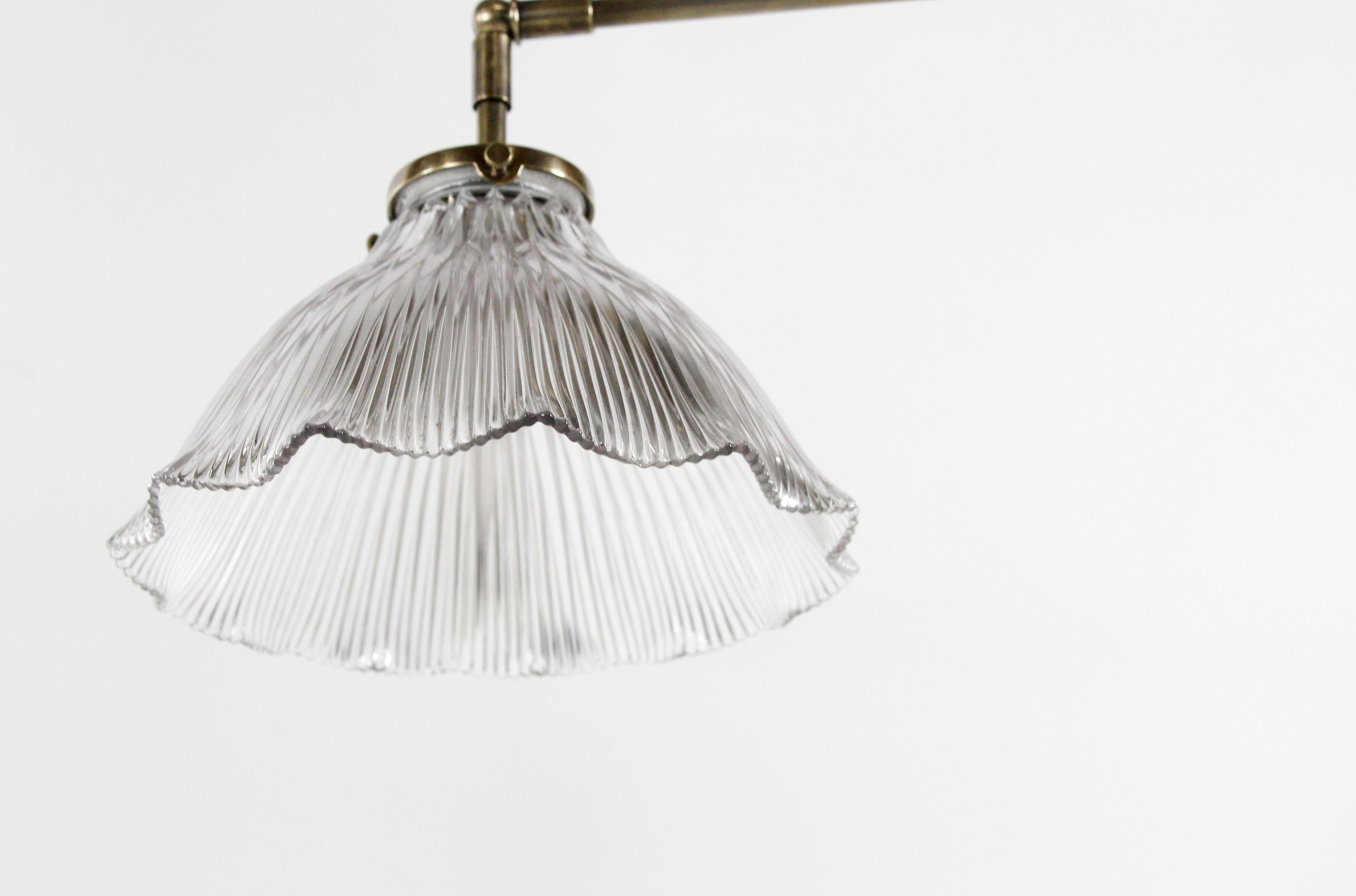 Modern Double Brass Prism Holophane Ruffled Shade Pendant Light In Good Condition In New York, NY